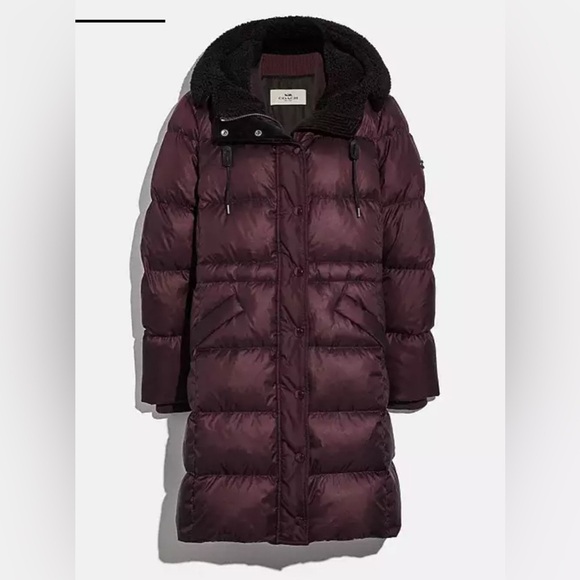NWT Coach Plum Long Puffer Coat with hood - Picture 1 of 5